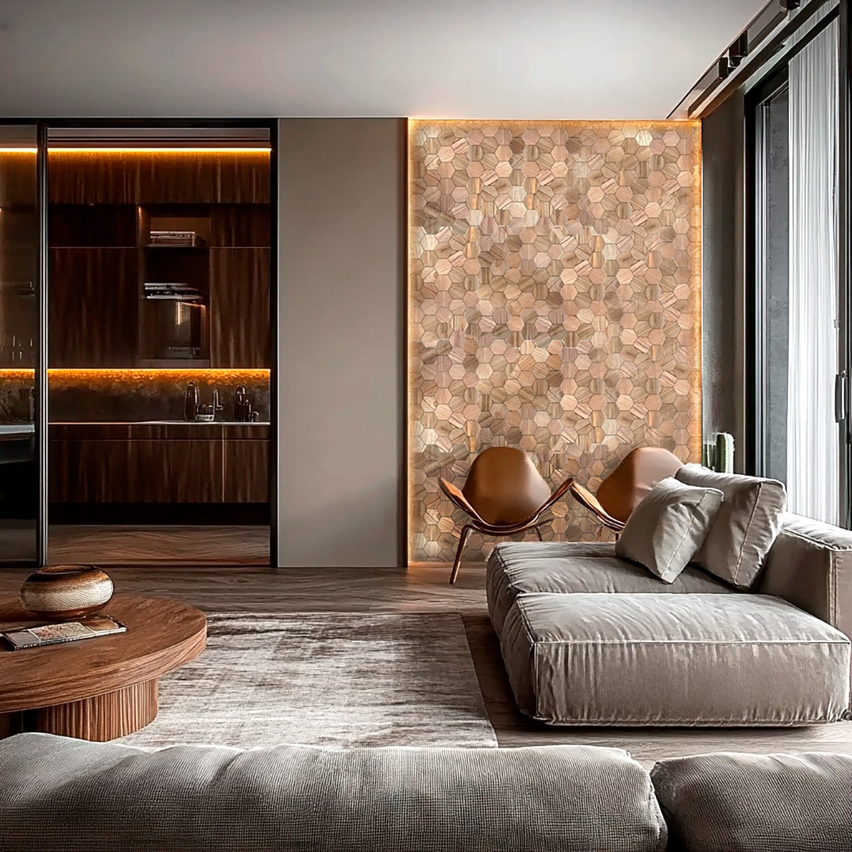 Revestimiento mosaico hexagonal bronce cepillado