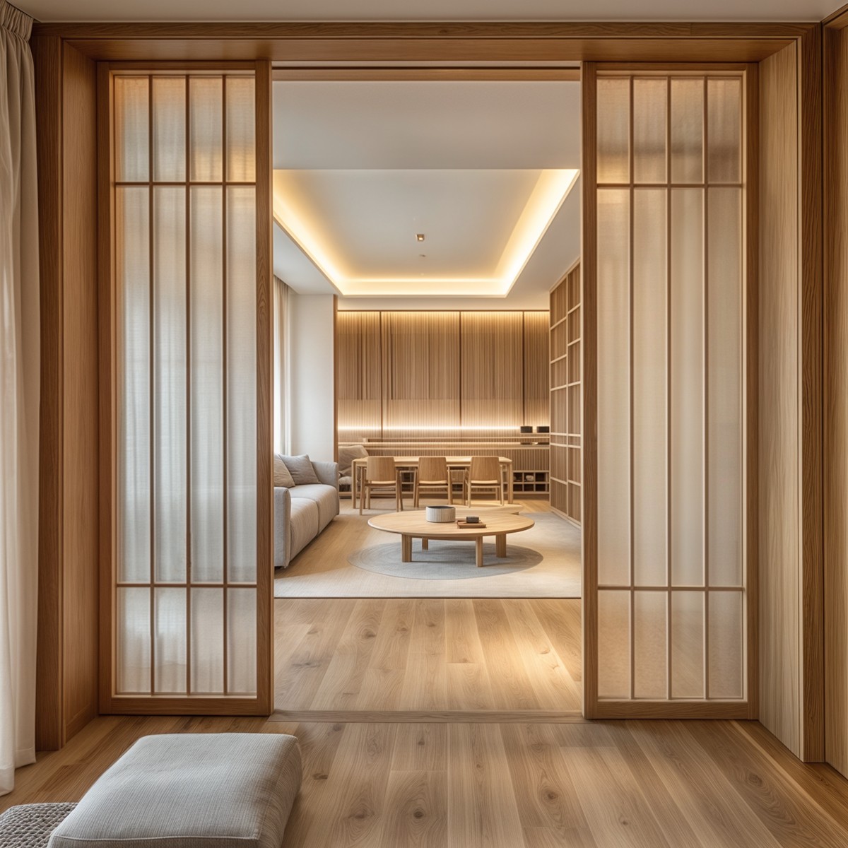 Puerta japonesa corredera de madera hasta el techo Mori