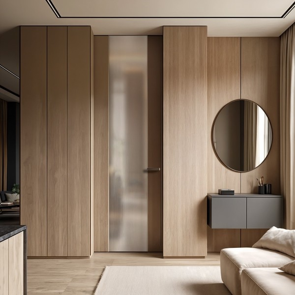 Puerta suelo a techo madera lisa vidriera