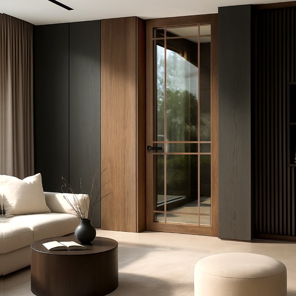 Puerta suelo a techo madera Mondrian vidriera