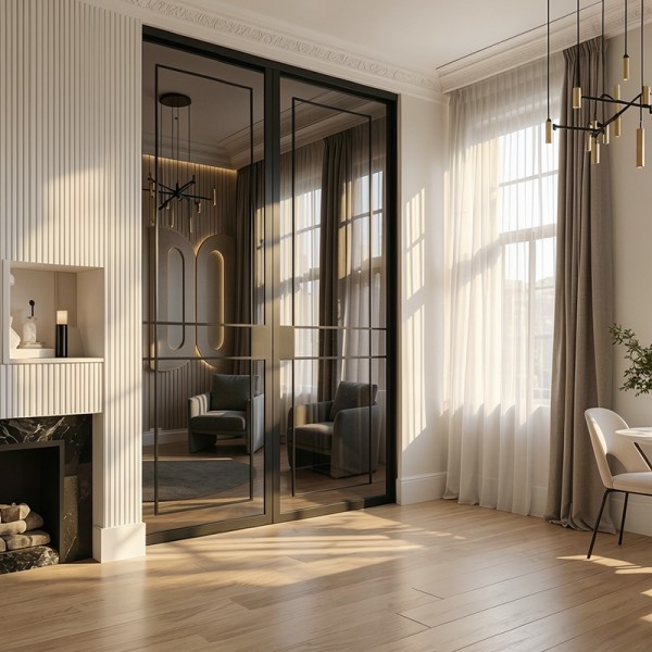 Puerta industrial abatible suelo a techo de madera lacada...