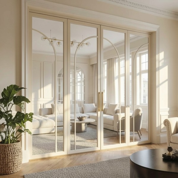 Puerta industrial abatible suelo a techo de madera lacada y cristal  Modelo Vogue