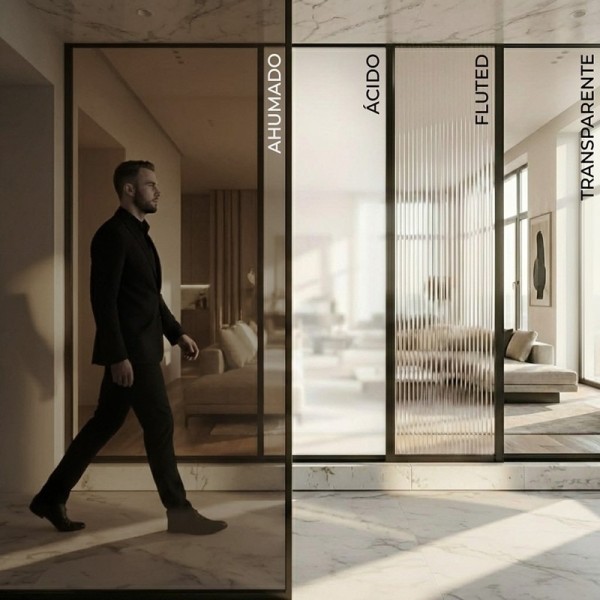 Puerta industrial abatible suelo a techo de madera lacada y cristal  Modelo Vogue