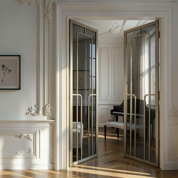 Puerta industrial abatible suelo a techo de madera lacada y cristal  Modelo Anura