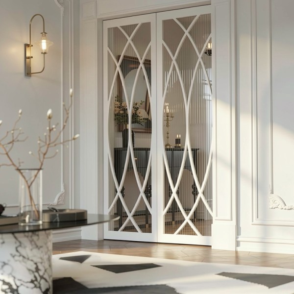 Puerta industrial abatible suelo a techo de madera lacada y cristal  Modelo Arwen
