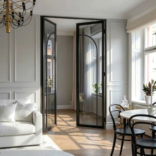 Puerta industrial abatible suelo a techo de madera lacada y cristal  Modelo Vogue