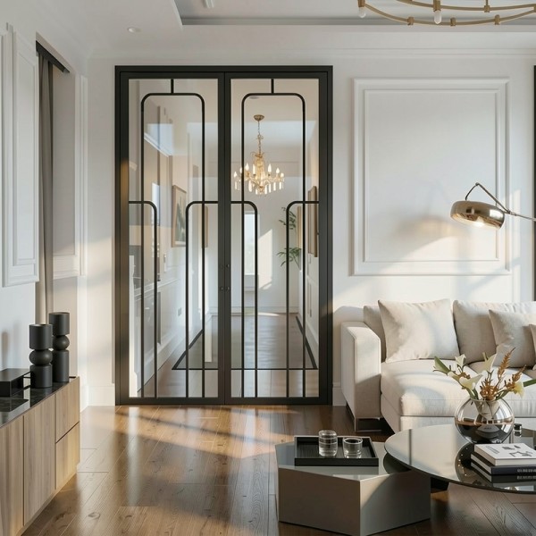Puerta industrial abatible suelo a techo de madera lacada y cristal  Modelo Anura