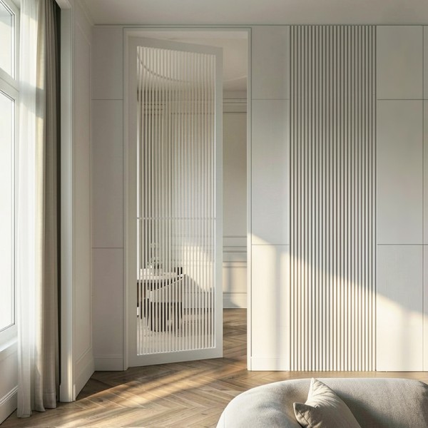 Puerta industrial abatible suelo a techo de madera lacada  Modelo Unike (opción cristal)