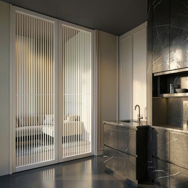 Puerta industrial abatible suelo a techo de madera lacada  Modelo Unike (opción cristal)