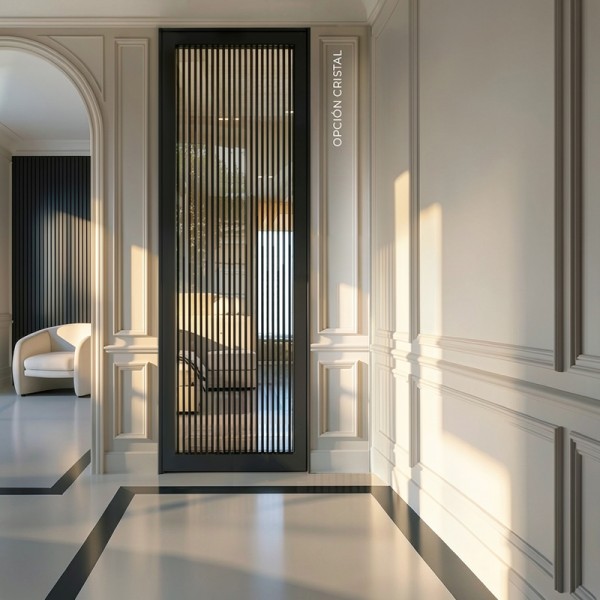 Puerta industrial abatible suelo a techo de madera lacada  Modelo Unike (opción cristal)