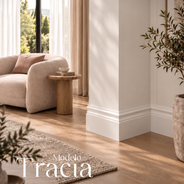 Rodapié Blanco Lacado modelo Tracia. Elige Altura y Grosor. Opción Canales