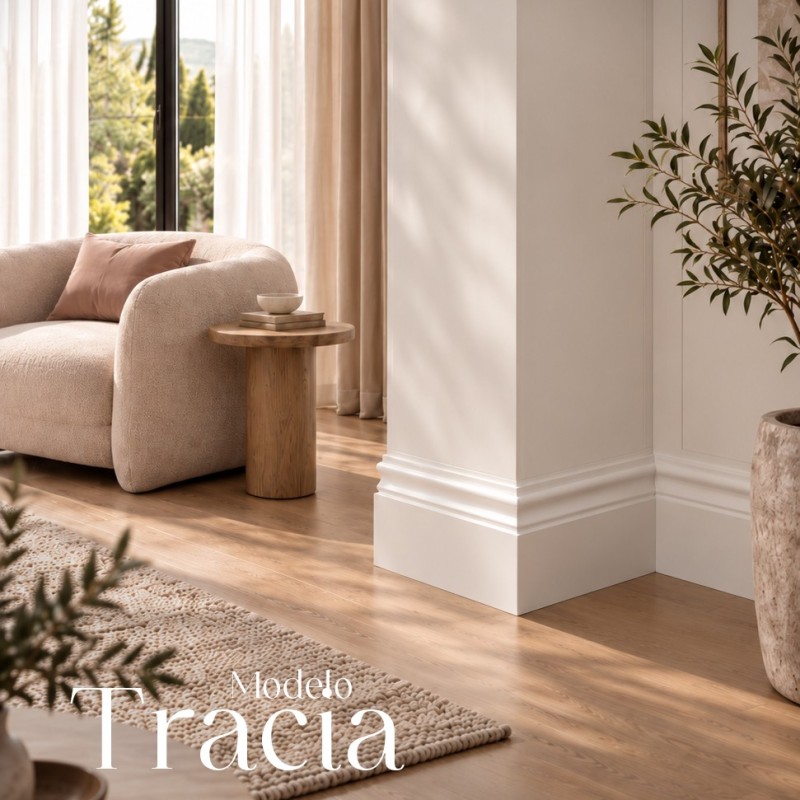 Rodapié Blanco Lacado modelo Tracia. Elige Altura y Grosor. Opción Canales